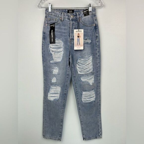 Simple Society Jeans Straight Super High Rise Button Fly Distressed Patch 0/24 - Picture 1 of 16